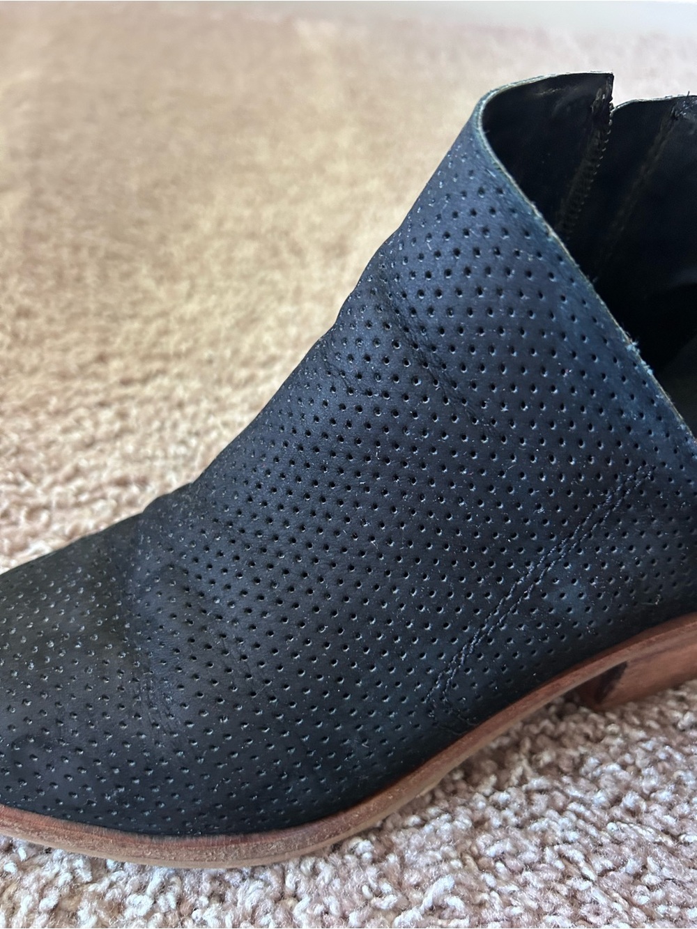 Vince Camuto Black Suede Perforated Ankle Booties with Low Wooden Heel - Picture 4 of 6